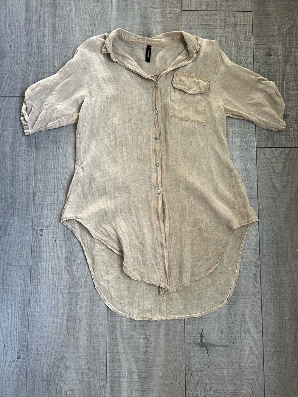 Venti6 Light Beige Linen Button-Down Tunic Shirt